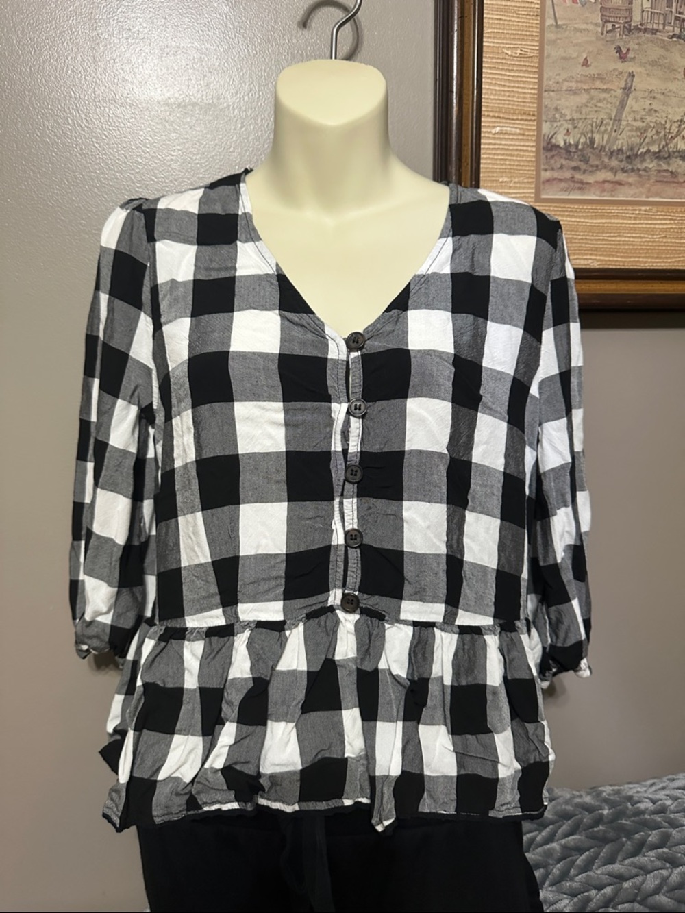 Matilda Jane Good Hart Black & White Plaid Button-Front Peplum Top Small